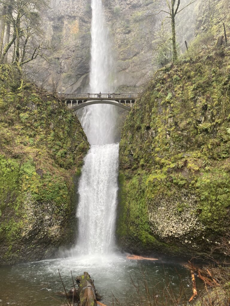 A long waterfall with a bridge connection 2 parts of the area about halfway up (Mulnomah falls)