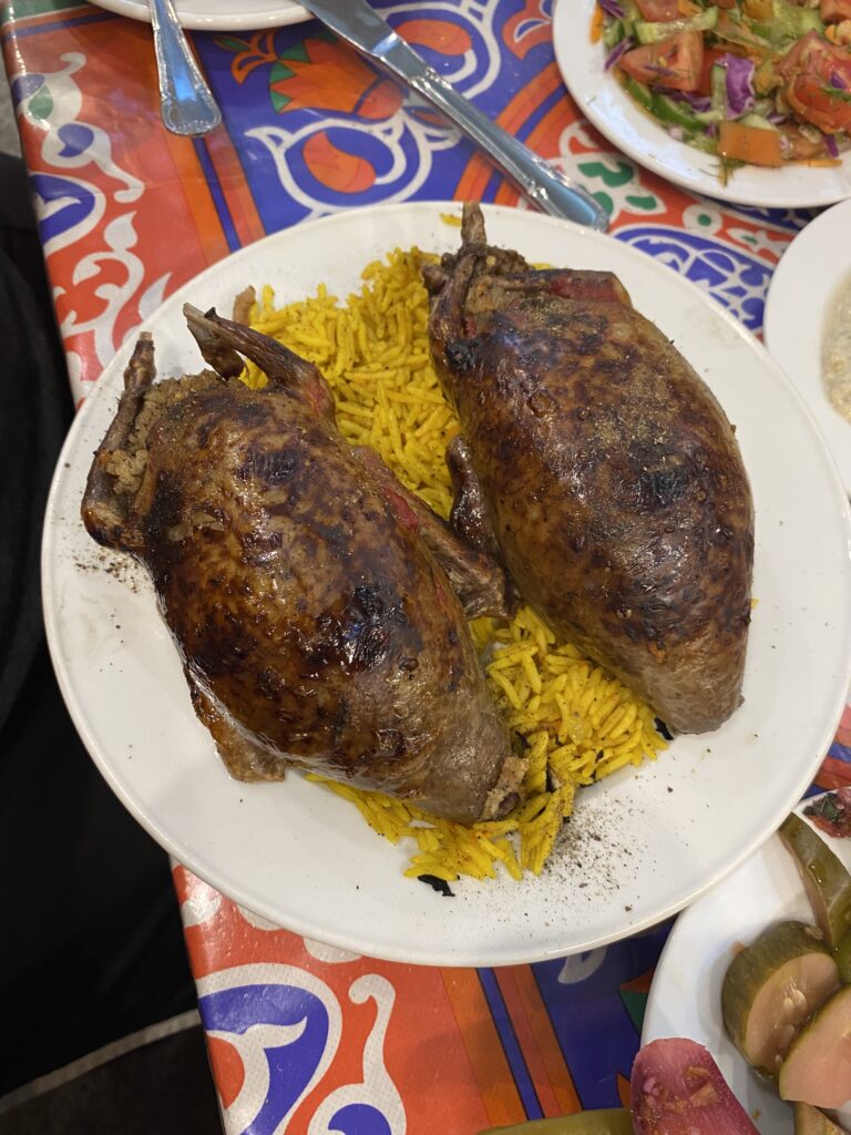 2 pieces of cooked pigeon on a bed of rice. 