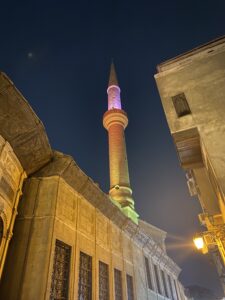 Tower lit up at night