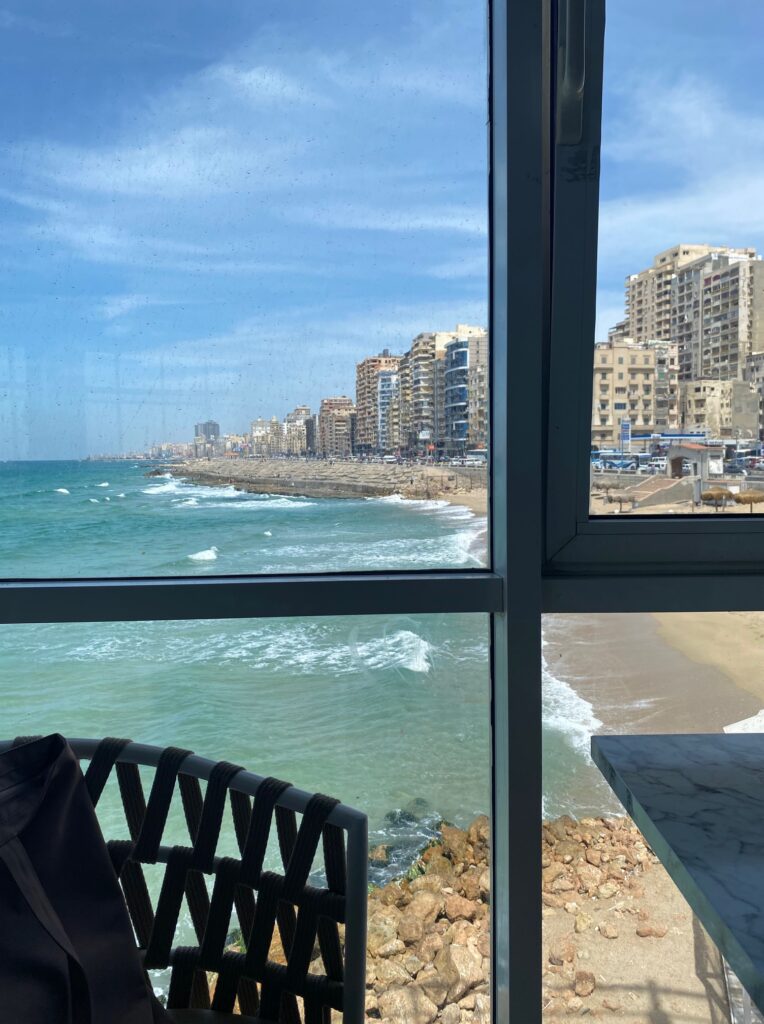 picture taken looking through a window at the ocean view with the city on the right as well